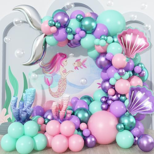 Decoración de Cumpleaños de Sirena - Guirnalda Con Globos Metalizados Lila, Verde, Rosa, Turquesa, Violeta - Globos de Cola de Pez y Papel de Aluminio Para Niñas