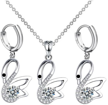 FDEETY Elegante Schwanenform Schmuckset Für Damen Halskette Und Ohrringe Mit Funkelnden Kristallen Hochwertiges 925er Silber Schmuck Set Perfektes Accessoire Für Jeden Anlass