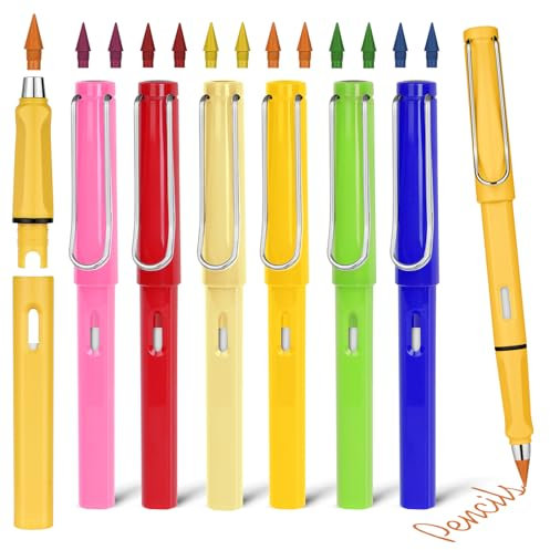 AUAUY 6 PCS Tintenloser Bleistift, Farbe Infinity Pencil, Wiederverwendbarer Everlasting Pencil mit 12 Austauschbarem Ewiger Bleistift Wechselkopf, Zeichnen, Studenten Home Office School Supplies