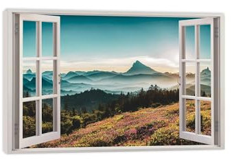 Leinwandbild Fensterblick Höhensonne Bilder. Landschaftsbilder auf Leinwand. Wandbilder Wohnzimmer. Bild Fenster mit Ausblick. Aesthetic Room Decor. Wanddeko Schlafzimmer90x135(35x53in)Rahmen