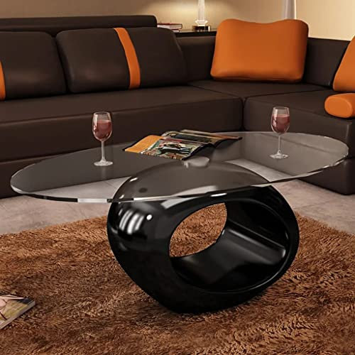 SMTSEC Couchtisch mit ovaler Glasplatte Hochglanz Schwarz