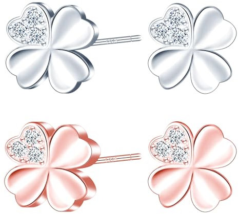MICMIF Silber 925 Klee Ohrstecker für Damen, Ohrstecker Vierblättriger Klee mit Zirkonia Ohrringe Silber/Roségold Hypoallergen Ohrschmuck für Frauen Mädchen