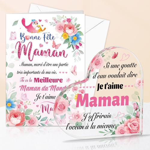 DPKOW Cadeau pour Maman, Plaque Acrylique Je t'aime Maman Bonne Fête Carte de Vœux avec Enveloppe pour Fête des Mères Cadeau Anniversaire Noël Maman Objets Décoration Carte Merci Maman Meilleure
