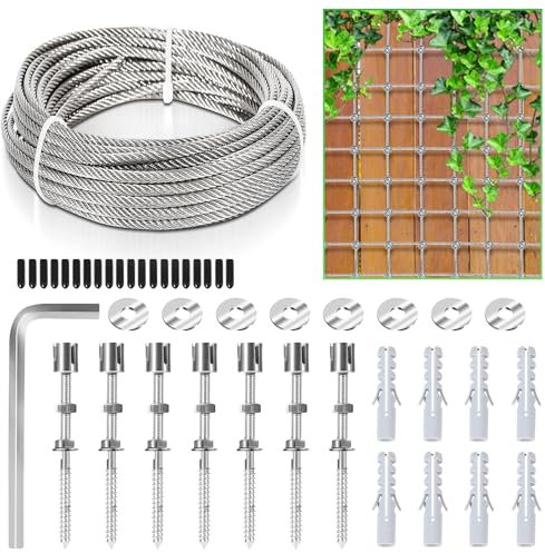 Izrielar 2-Set 12M Rankhilfe aus Edelstahl für Kletterpflanzen, Rankhilfe, Profi-System als Komplettset mit 3mm 304 Edelstahl Drahtseil für Kletterpflanzen,Seilspanner,Wäscheleine