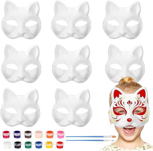Aszaui 12 Stück Katzenmaske,DIY Weiße Papier Maske,Masken zum Bemalen Kinder,Masken zum Basteln,Leere Maske,Weiße Papiermasken Fuchsmasken für Karneval, Cosplay, Halloween Party, Maskerade Party