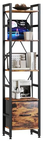 TREETALK 5 Tier Bookshelf,Tall Narrow Bookcase with Fabric Drawer, Industrial Display Standing Shelf Units with 2 X-shape Frame, Storage Rack for Living Room,Bedroom, Home Office (Rustic Brown)