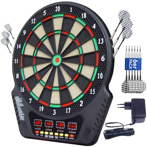 Elektronische Dartscheibe Set Elektrische Dartboard mit Sprachansagen, 4 LED-Anzeigen, 6 Dartpfeil, 27 Spiele 243 Spieloptionen Profi E-Dart Board für Hause Partys Garten Bar 1-16 Spieler, Schwarz