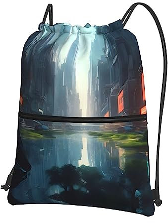 KWQDOZF Rucksack „The City On The Water“ mit Kordelzug und Reißverschluss – vielseitiges, langlebiges und stilvolles Design für den täglichen Gebrauch