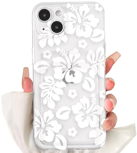 NITITOP Compatible with iPhone 13 Case Clear with Card Holder Cute White Floral Pattern for Women Girl Hibiscu Soft TPU Shock-absorbing Wallet Case Protective Phone Cover - White