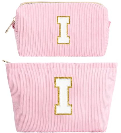 Personalisierte Geschenke für Mädchen, Initialen Make-up-Tasche, Cord-Kosmetiktasche Organizer, Reise Kulturbeutel Rosa Schminktasche Damen, Geschenke für Teenager Mädchen Weihnachts Geschenk,I