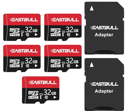 EASTBULL 32GB 5-Pack of Micro SD Cards, 32GB SD Cards Pack Full HD Video 90MB/s UHS-I U1 Micro SDHC Class 10 for Surveillance Security Cam (5 Units and 2 Adapters)