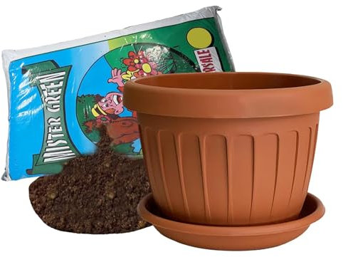 Sicignano | Vaso Terra Tondo 50 cm per Fiori Piante con Sottovaso 46 Litri, Plastica Color Terracotta, con Terriccio 20x2 Litri, con Fori di Drenaggio, Resistente agli UV, Made in Italy