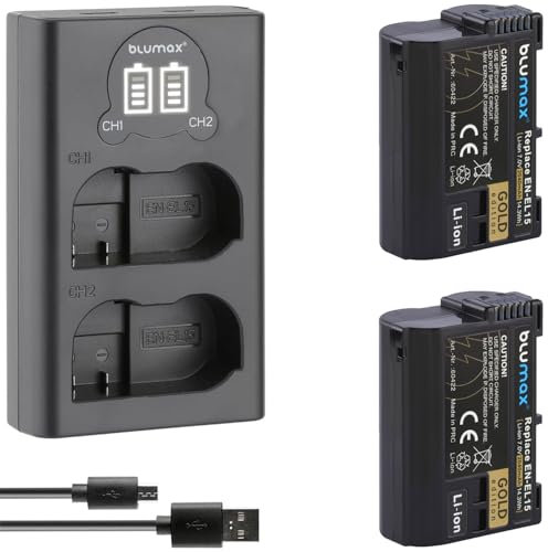 2 x Blumax Battery Compatible with Nikon EN-EL15 [2040 mAh] + Slim Dual Charger EN-EL15c EN-EL15b EN-EL15a for D800 D850 D7200 D7500 Z8 Z7 II Z6 II Z5 Zf