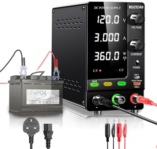 RUZIZAO Bench Power Supply Variable 120V 3A, 360W Encoder Adjustable 6V 12V 24V 48 LiFePO4 Lithium Ion etc. Battery Charger Regulated Lab DC Power Supply Output Switch/OCP Function/Quick Charge Port
