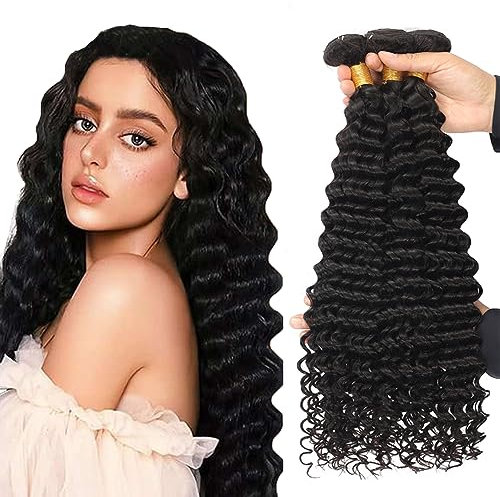 Zeslaerr Extensions de cheveux humains #1b couleur noire naturelle ondulée profonde - 100 % cheveux humains non traités sans colle - Double tissage pour femme - 3 trames au total 300 g, 50,8 cm, 50,8