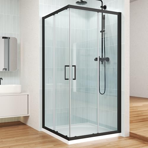 ENSO SENKA Corner Shower Enclosure 34 D X 34 W X72 H Shower Stall for Walk in showering, 1/4 Thick Clear SGCC Tempered Glass Sliding Shower Door, Matte Black (Shower Base Not Included)