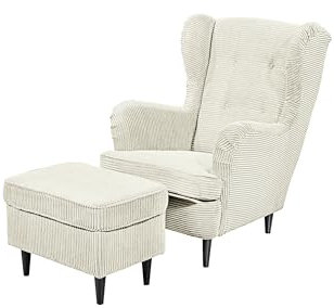 möbelando Ohrensessel >Oskar< Set mit Hocker in Cream – Bequemer Sessel mit Nosag-Federung, schwarzem Massivholz, geknöpfter Polsterung und einfachem Aufbau für Ihr Zuhause.