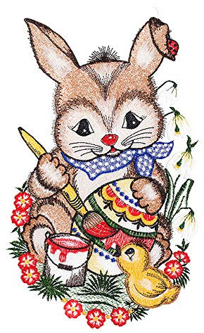 Fensterbild Ostern Plauener Stickerei farbig Osterhase mit Pinsel 32x18 cm
