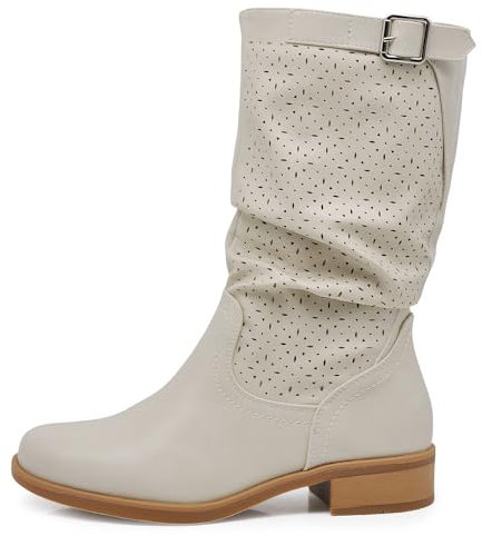 IF Fashion Stivali Stivaletti da Donna Biker Motociclista Traforati Primaverili Estivi Con Fibbia YL205 beige N.36