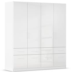 Rauch Möbel Aberdeen, Drehtürenschrank, Kleiderschrank, Schrank, Garderobe, 4-türig, 8 Schubladen, Farbe Weiß/Hochglanz weiß, Griffe Weiß, 181x197x54cm