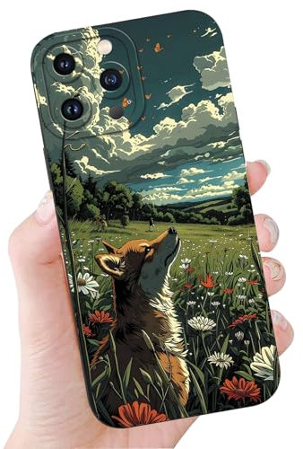 Yimctoie Silikon Handyhülle für iPhone 13 6.1, Schwarz Schutzhülle mit Cute Anime Niedlich Aesthetic Tier Wolf Muster Weich TPU Stoßfeste Kratzfest Cover, Wolf