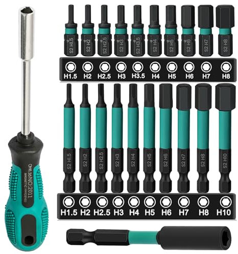 22 Stück Hex Bits Set Lang Hakkin Sechskant Schraubendreher 25+60 mm 1/4 Bitsatz für Akkuschrauber Hexagon Impact Bit S2 mit bit verlängerung und griff H1,5/2/2,5/3/3,5/4/5/6/8/10