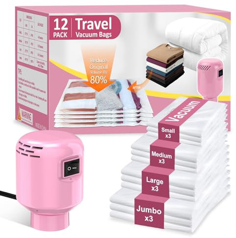 Sacchetti sottovuoto per vestiti con pompa ad aria elettrica 12 pezzi (3 Jumbo, 3 Grandi, 3 Medi, 3 Piccoli), per Copriletti, Vestiti, Trapunte, Cuscini,Risparmia l'80% di Spazio per Viaggi