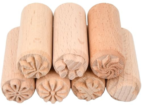 7er Set Runde Holzstempel für Ton und Keramik, Naturholz DIY-Werkzeuge mit Verschiedenen Mustern - Perfekt für Scrapbooking, Textildruck, Gebäckdekor und kreative Bastelprojekte