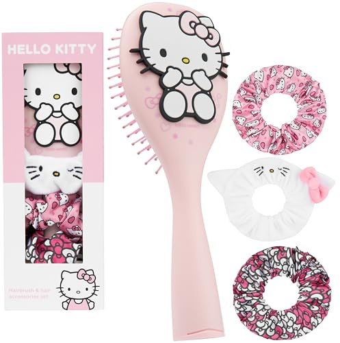 Hello Kitty Sanrio Cepillo Pelo y Set Gomas Pelo, Accesorios Cabello Mujer Niña, Cinnamoroll Kuromi Accesorios Viaje, Regalos de Anime para Ella (Hello Kitty Cepillar & Coleteros)