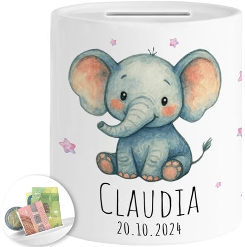Tassenliebling® Spardose Elefant personalisiert Name, Datum - Spardose Kinder mit Tiermotiv - Kinderspardose Mädchen Jungen - Sparschwein, Sparbüchse Geburtstag, Weihnachten, Geburt