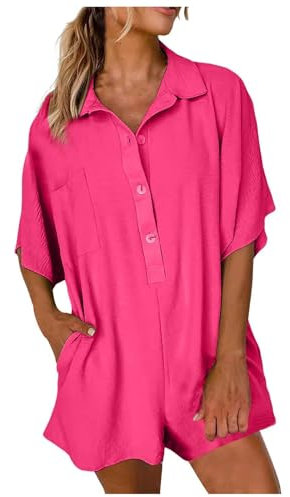Jumpsuit Damen Sommer Kurz Elegant Curvy Damen-Overalls Latzhose Arbeitslatzhose Festlich Hosenanzug, 2-Teiler, Hosenrock Hot Pink, XL