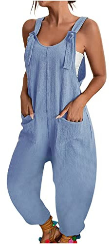 Combinaison Femme Ete Fluide Chic, Jumpsuit Femme sans Manches Combishort À Bretelles Jambes Larges Léger Barboteuse Salopette en Coton Spaghetti Pantalon avec Poches Playsuit Combi Femmes