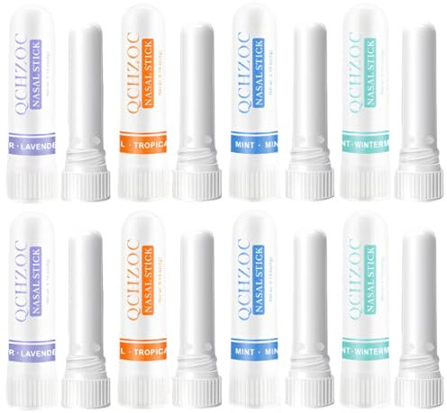 IKOPFLN Nasal Stick 8 Pièces, Améliore la Respiration et Stimule la Concentration,Soulagement Rapide d'un Nez Bouché, Fait Avec des Huiles Essentielles et du Menthol