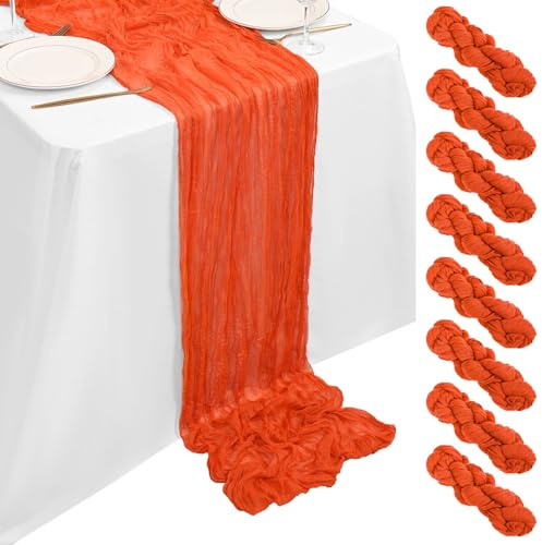 8 Stück Käsetuch Tischläufer Orange 90x300cm, Käsetuch Rustikaler Orange Rustikaler Gaze Stoff Transparent Boho Hochzeit Tischdekoration für Hochzeitsempfang Brautdusche Babyparty