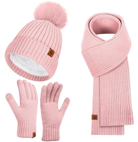 Kulamo Winter Mütze Schal Touchscreen Handschuhe Set, Damen Thermo Beanie mit Bommel Wintermütze Strickmütze Schlauchschal Winterhandschuhe Geschenk für Frauen