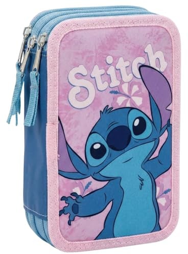 Trousse Scolaire Complète 44 Pièces pour Fan de Stitch – Kit Créatif Triple Compartiment avec Feutres, Crayons, Règle – Idée Cadeau Fille – Rose
