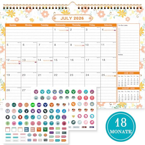 Benjia Kalender Wandkalender 2026-2027 Schuljahr A4, Juli 2026 bis Dezember 2027 18 Monate, Blumen Tischkalender Monatskalender mit Ferienübersicht Schutzhülle Planer-Aufklebern