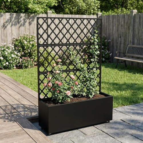 Garvee Mobiles Metall Hochbeet mit Rankgitter – Pflanzkasten auf abschließbaren Rollen, mit Wasserablauf & Sichtschutz – Outdoor Pflanzbox für Gemüse, Kräuter & Kletterpflanzen – schwarz, 89x180cm