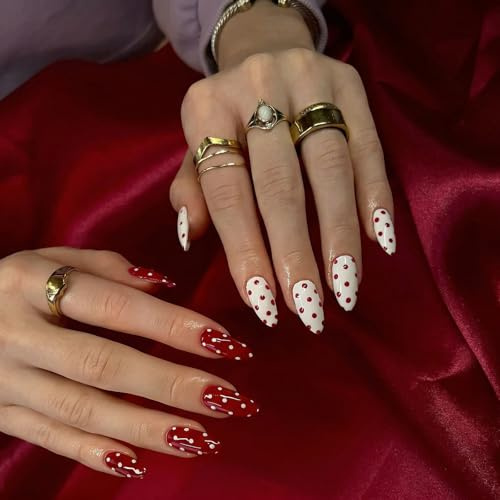 Press On Nails, Medium Almond Shape, Red And White Polka Dot Design | Glossy Decorated False Nail Tips, Mixed Patterns For A Coordinated Manicure, For Everyday Wear And Social Occasions