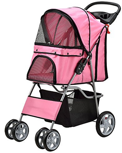 pro.tec Passeggino per Cani e Gatti Carrello Pieghevole con Cabina Idrorepellente e Ventilata Carrozzina per Animali Domestici Fino a 15 kg con Cestino Portaspese - Rosa