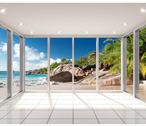 decomonkey Fototapete selbstklebend Strand Meer 343x256 cm XL Selbstklebende Tapeten Wand Fototapeten Tapete Wandtapete klebend Klebefolie Fensterblick Landschaft Natur
