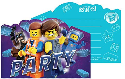 Amscan 9904647 - Einladungskarten Lego Movie 2, 8 Stück, Größe 10,7 x 15,8 cm, Karten mit blauen Umschlägen, Einladung, Film, Helden, Animation, Bausteine, Geburtstag, Mottoparty, Party, Karneval