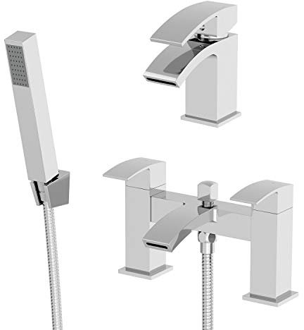 Architeckt® Osmo Bathroom Bath Shower Mixer Tap and Basin Tap Set Deck Mounted Curved Twin Lever Handle Modern, Chrome