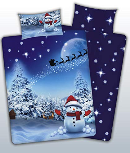 CnA Stores Blue Christmas Bedding Snowman Duvet Cover Set with Pillowcases (Single)