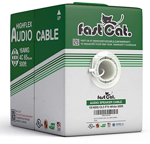 fast Cat. 16/4 65 Stranded Speaker Wire 16 AWG/Gauge 4 Conductor - PVC Jacket - UL Listed & (CMR-CL3R-FT4) Rated in-Wall Use - 100% Oxygen-Free Pure Bare Copper (OFC) - 500ft Pull Box - White