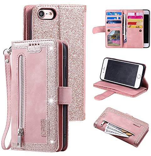 UEEBAI Hülle für iPhone 6 6S, Vintage Reißverschluss Handyhülle PU Leder Handytasche Silikon Bumper mit 9 Kartenfächer Standfunktion Geldbörse Trageband Schutzhülle Flip Wallet Case - Roségold
