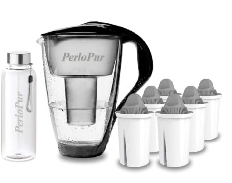 perlopur® Glas-Wasserfilter (schwarz) +6 Kart. Protect+ +Glas-Trinkfl. | Borosilikatglas, 2 l gesamt, 1 l gefiltert, LED-Anzeige, für classic Kartuschen, für sehr hartes Wasser, starke Entkalkung