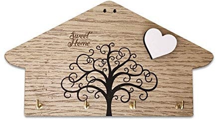 Portachiavi da parete in legno MDF, con testo inciso Sweet Home e stampa albero della vita, con cuore bianco a rilievo, appendi chiavi da parete 4 ganci, color legno.Idea regalo (Legno 4 ganci)