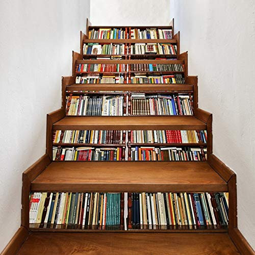 A.Monamour 6 Pezzi Adesivi per Scale Alzate Gradini Autoadesiva 3D Libreria Libreria Piena Di Libri Scena Della Sala Studio Vinile PVC Adesivo Pellicola Scala Scalini Poster Stickers Decalcomania Muro