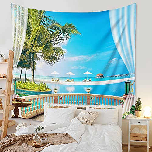 Ricemru Fenster Meerblick Wandteppich Strand Palmen Groß 230x180 3D Gedruck Sommer Balkon Urlaub Meer Wandbehang Wanddeko Tapestries,Natur Landschaft Wandtüch für Wohnzimmer Schlafzimmer